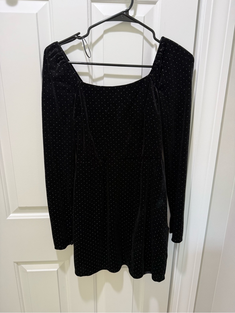 Black Velvet Long-Sleeve Mini Dress with Subtle Dot Detail